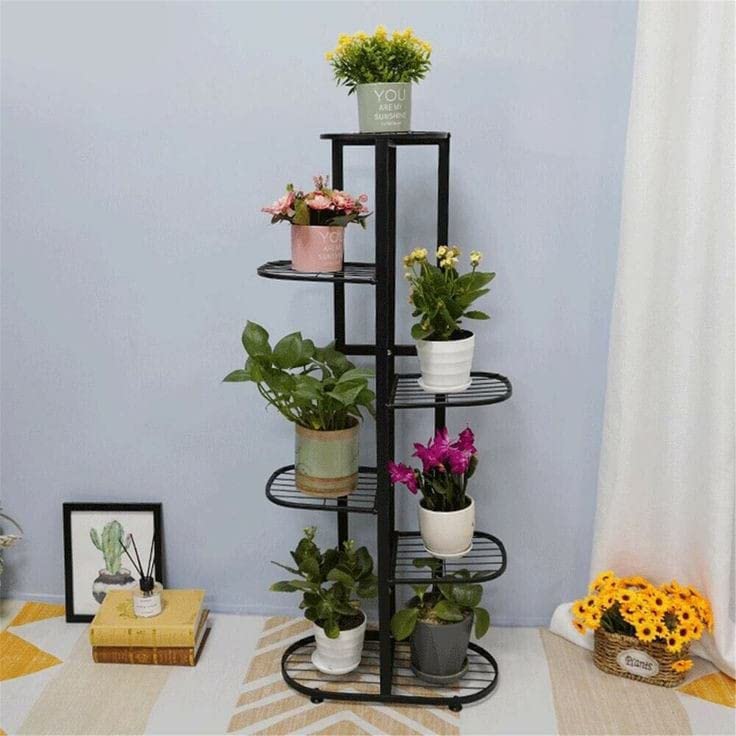 Image of Metal Flower Pot Stand for Indoor & Outdoor - Multi-Tier Iron Plant Stand for Home, Balcony & Garden - Space-Saving, Multi Tier Plant Stand for Balcony (Gold, 47 x 25 x 102 cm