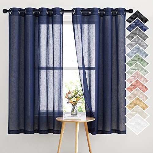 NICETOWN Natural Open Linen Weave Flax Textured Sheer Window Curtains, 63 inches Medium Long Privacy Semi-Transparent Sheer Panels for Farmhouse/Bedroom, 104" Wide Total 2 Panels, Dark Blue