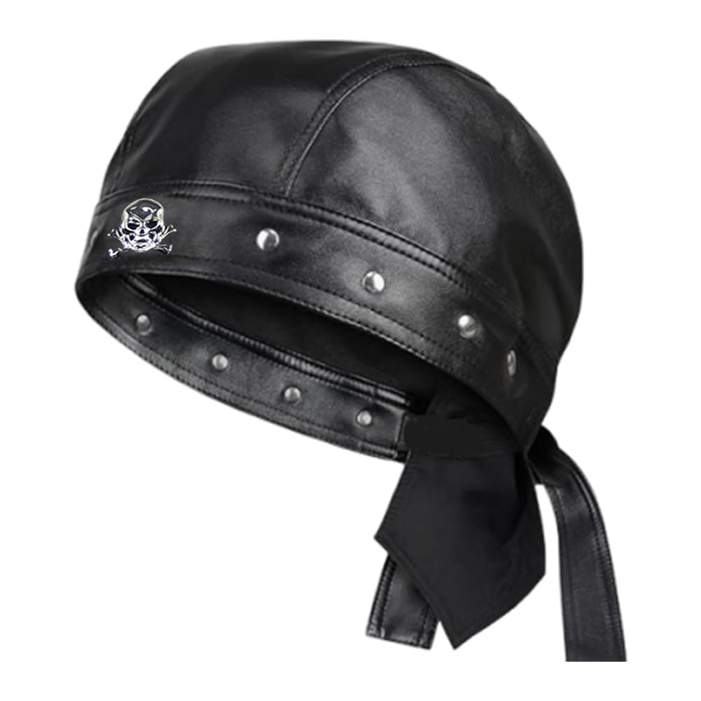 BAOZOON PU Leather Biker Hat Cycling Skull Cap Adjustable Black Doo Rag Bandana