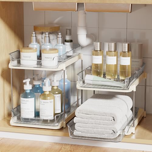 Delamu 2 Sets of 2-Tier Multi-Purpose Bathroom Under Sink Organizers and Storage, Stackable Kitchen Pantry Organization, Pull Out Medicine Cabinet Organizer with 8 Movable Dividers, Beige
