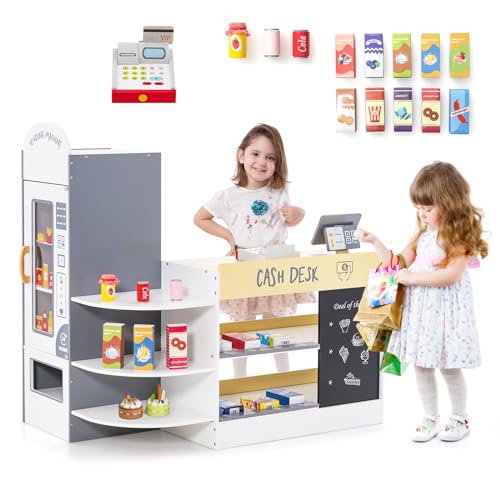 COSTWAY Épicerie Enfants en Bois avec 15 Accessoires & Distributeur Automatique, Marchande Enfants avec Caisse Enregistreuse Réaliste & Tableau Noir, Jeu d’Imitation...