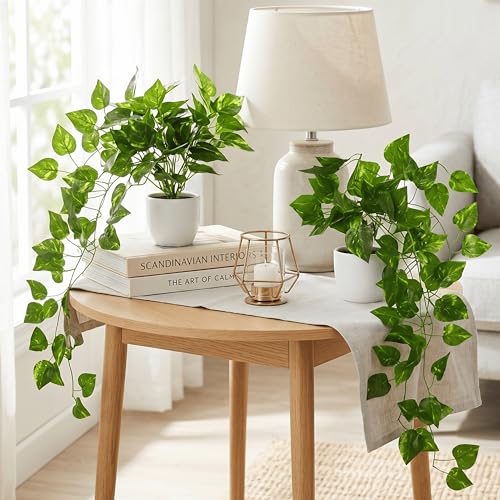 Image of Dekorly Artificial Hanging Garland with Pot - 100cm Rose Vine, 10cm Decorative Pot for Table, Shelf & Wall Decor (2, Vines-01)