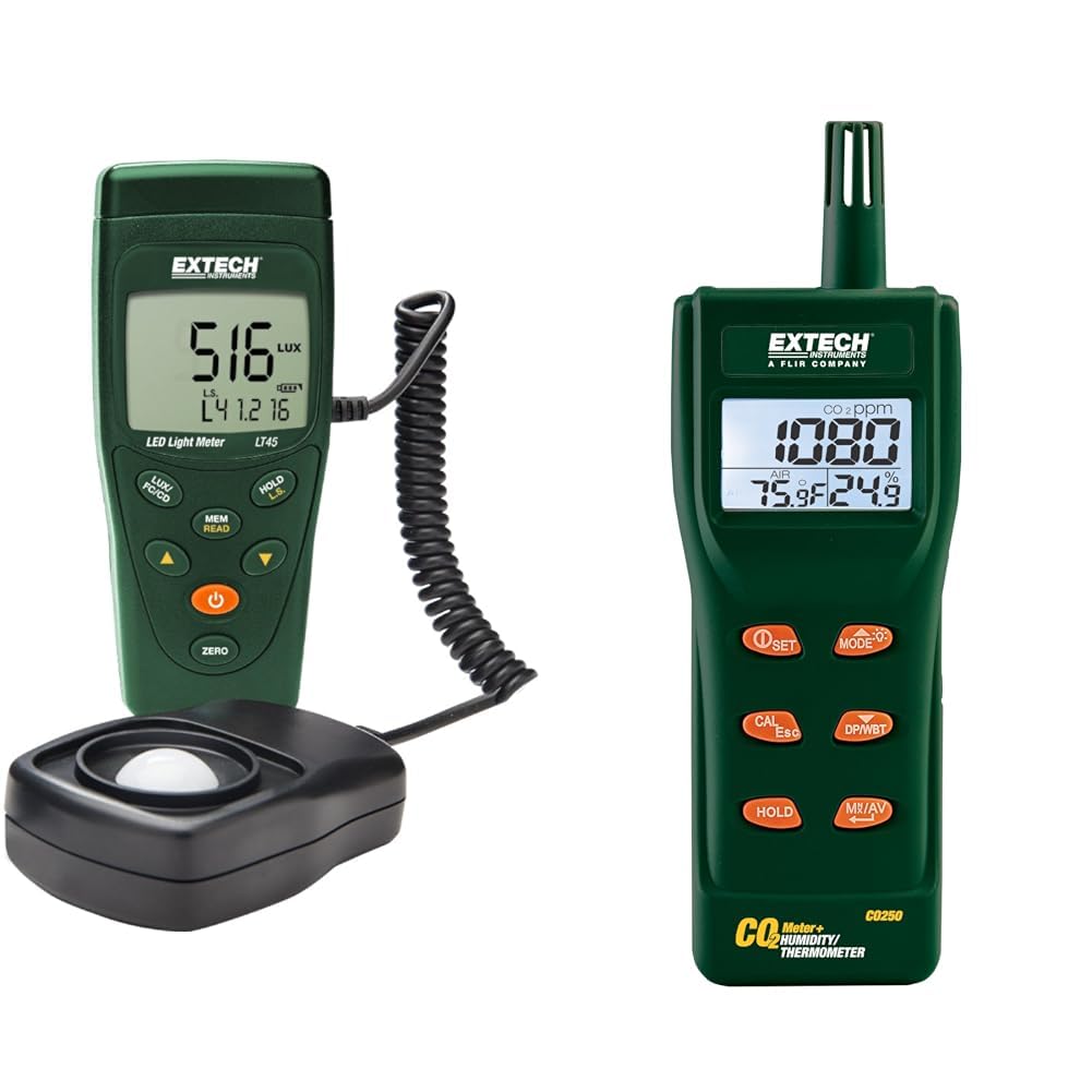 Extech LT45 LED Light Meter and CO250 Portable Indoor Air Quality CO2 Meter/Datalogger Bundle