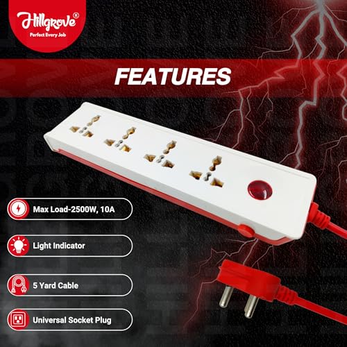 Image of Hillgrove 5 Meter Long Cable Power Extension Board with 4 Universal Socket and 1 Switch Surge Protector Board for Computer /Laptop /Fridge 4 Socket Extension Boards (White)