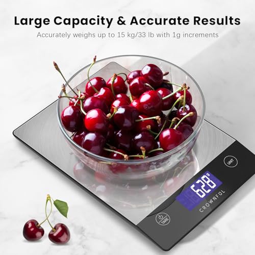 CROWNFUL Food Scale, 33lb Rechargeable 304 Stainless Steel Digital Kitchen Scale Weight Grams and Ounces with LCD Display and Type-C Charging for Meal Prep, Baking and Cooking - Image 6