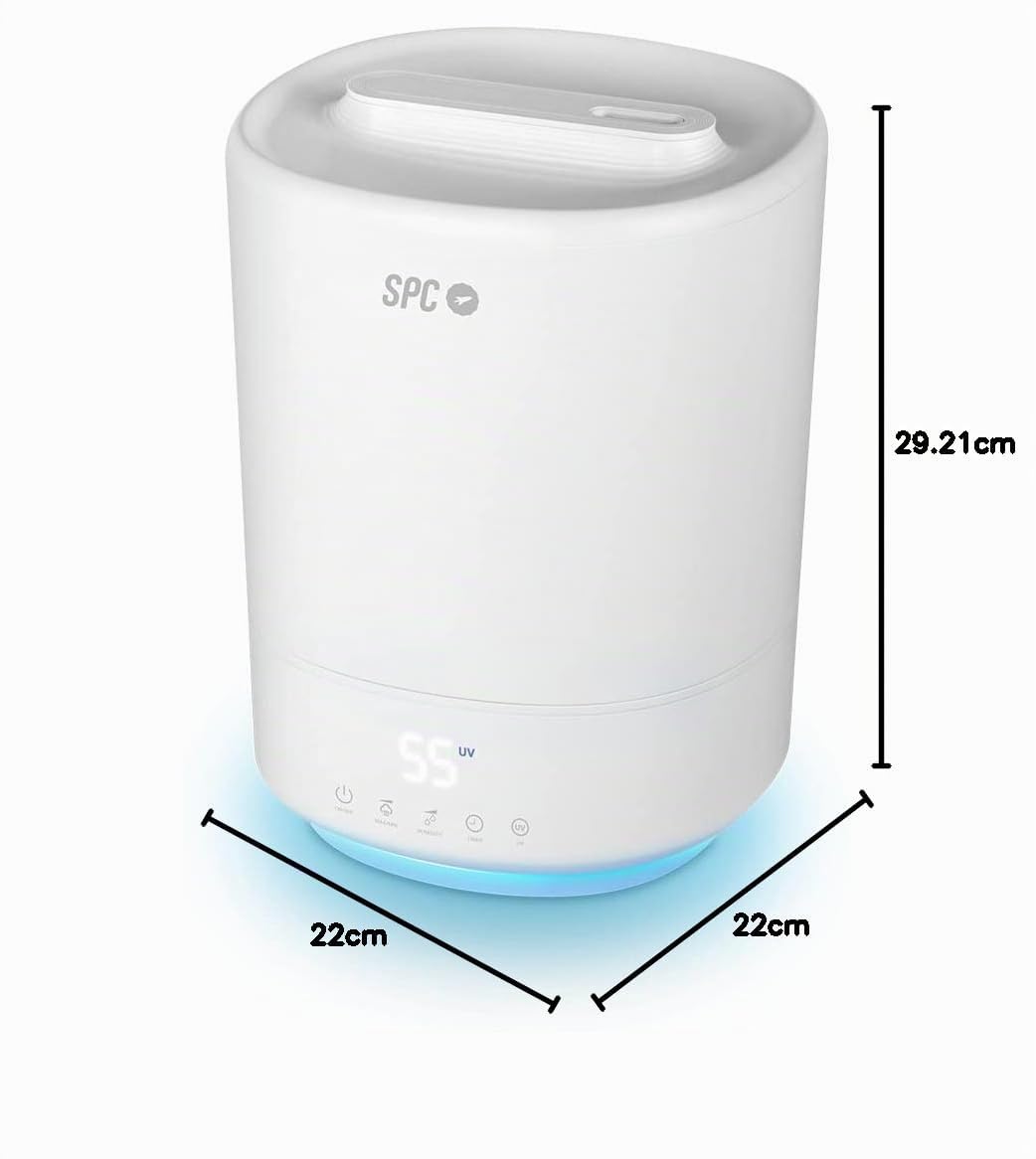 SPC Evadne – Humidificador WiFi inteligente ultrasónico, gran capacidad 4,5L, luz UV-C, carga de agua superior, modos automático, manual y noche, difusor de aromas, luz de noche, temporizador, sin BPA