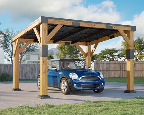 Jocisland 10x12x8 FT Cedar Wood Carport, Heavy Duty Canopy Carport with Sloped Galvanized Steel Roof for All Weather, Permanent Shelter for Tractor, Motorcycle, Bike & Garden Tools