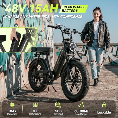 Image of Electric Bike for Adults,20 inchx4 inch Fat Tires Retro Ebike, Range 65Miles | Peak 1500W Motor,48V 15Ah Removable Battery,Full Suspension E Bike for for City Commuting,Off-Road