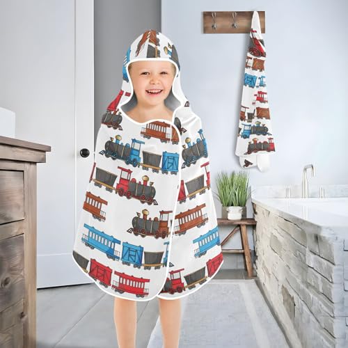 Image of Kids Beach Towel for Boys Girls, Cartoon Trains Bath Towel Wrap, Baby Hooded Towels, Toddler Soft Pool Swim Towels