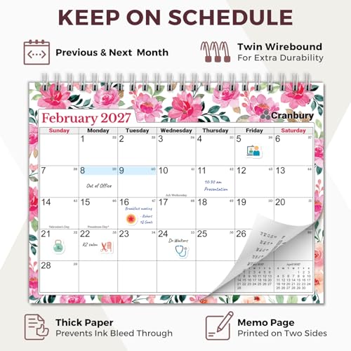 Image of CRANBURY Small Desk Calendar 2026-2027 Standing Flip, July 2026 to Dec 2027, 8x6 Desktop Calendar with Stickers, 18 Months Desk Planner for School & Office, Spiral Bound, Floral Design