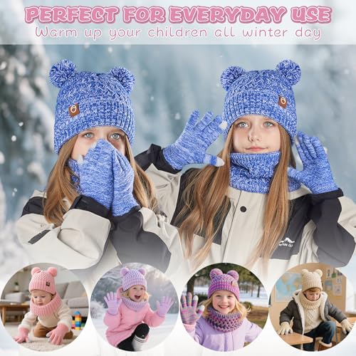 Image of Kids Winter Hat Gloves Scarf Set,Toddler Girls Winter Hat Kids Beanie with Pom Neck Warmer Gaiter Mittens Fleece Lined Set