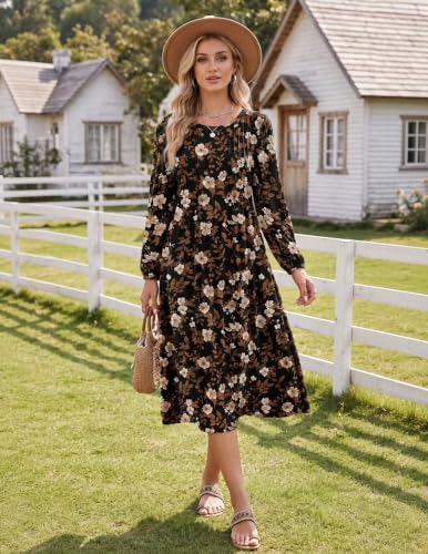 Image of Zeagoo Fall Dresses for Women Long Sleeve Midi Dress Casual A Line Dresses 2026 Pleated Flare Dress with Pockets