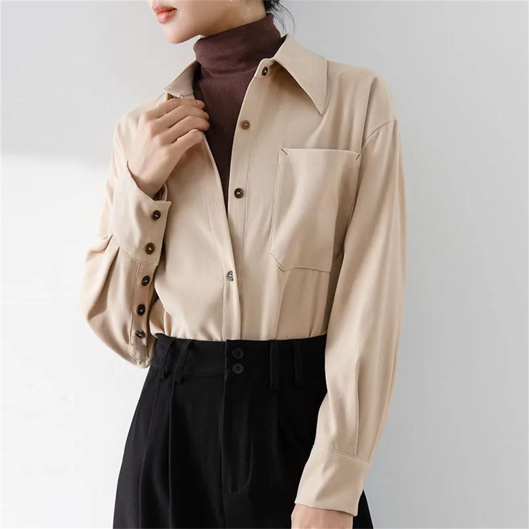 Camisa de manga larga para mujer, cuello vuelto, blusa con bolsillo, para oficina, informal, holgada