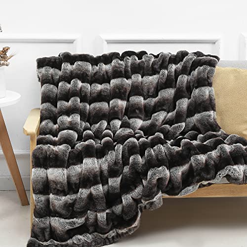 Inchgrass Luxury Soft Faux Mink Fur Throw Blanket Shaggy Plush Elegant Weighted Handmade Thick Blanket For Sofa Chair Couch Living Bedding (50"X60", Grey Chinchilla) #TOP3