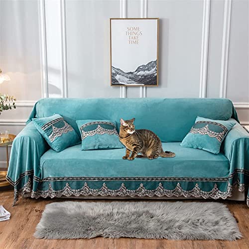 Stacypik Vintage Suede Sofa Covers With Lace Bottom,Sofa Covers For 3 Cushion Couch Furniture Cover For Dogs,Soft Warm Anti-Slip Teal Blue Sofa Throw Cover For Living Room Kids Pets78 X 117 Inches #TOP9