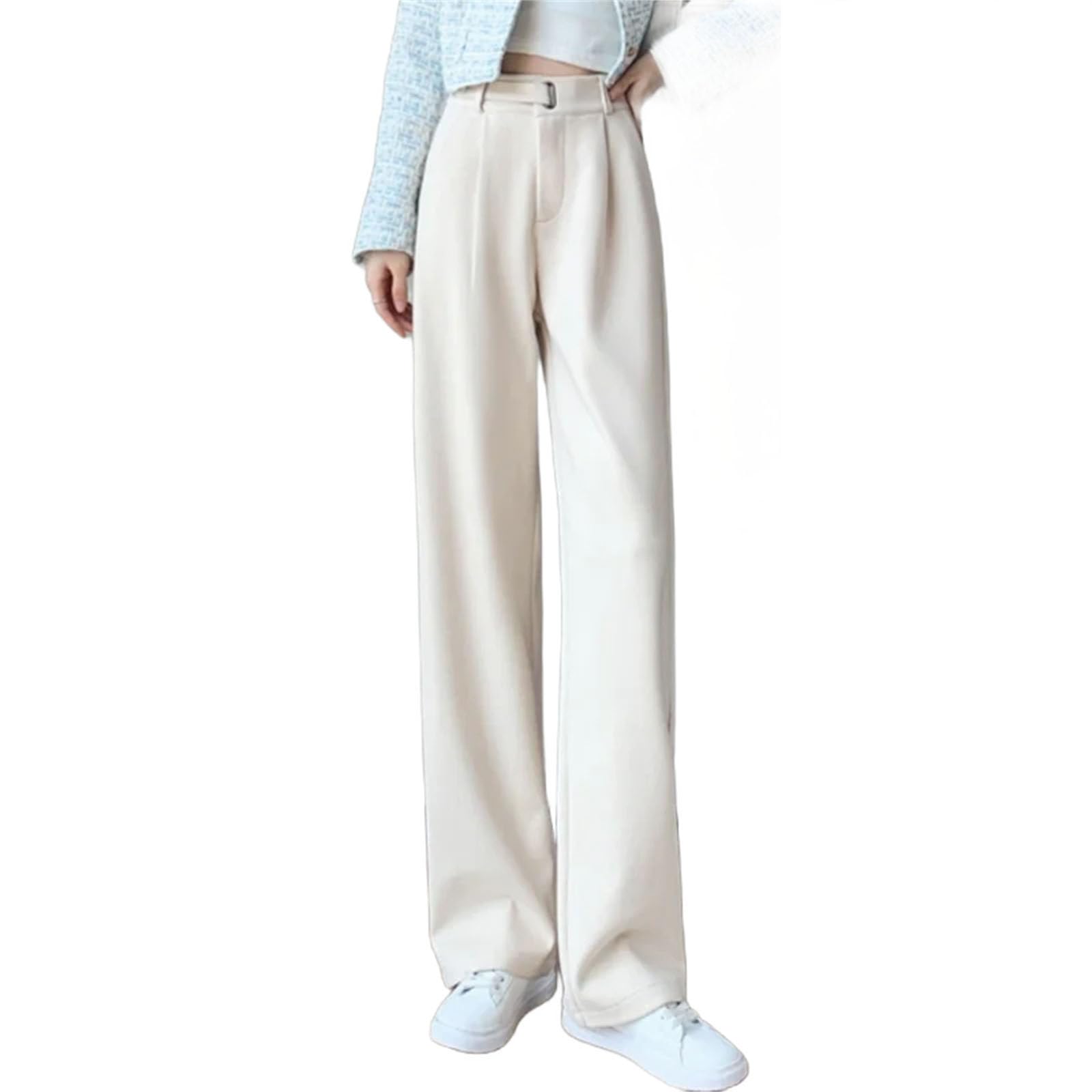 Womens Winter Thicken Woolen Casual Loose Full Length Pants Button High Waist Chic Wide Leg Trousers