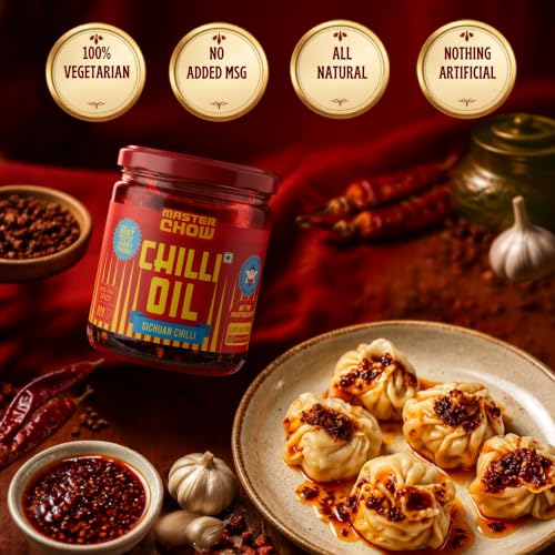 Image of MasterChow Sichuan Chilli Oil (170g) | Spicy, Crunchy, Garlicky Flavor | Made with Sichuan Peppercorns, Crunchy Garlic & Red Chillies | Gluten-Free | Eat With Momos, Pizza, Noodles
