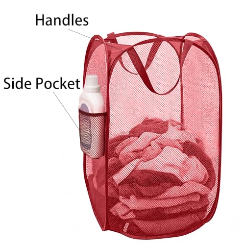 Image of Larpur Popup Mesh Laundry Basket, Collapsible and Portable Clothes Washing Laundry Hamper with Reinforced Carry Handle (Red)