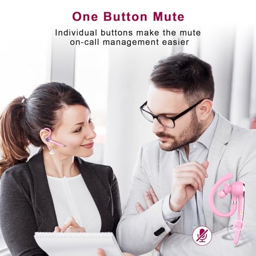 Image of HEIBAS Bluetooth Headset, Wireless Bluetooth Earpiece with 500mAh Charging Case 72 Hours Talking Time Built-in Microphone for iOS Android Cell Phone, V5.1 Hand-Free Headphones for Trucker, Office-Pink