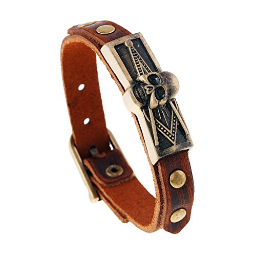 JSEA Vintage Metal Embossed Masonic Freemasonry Skull Brown Leather Bracelet Bangle