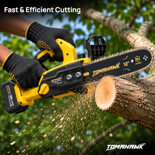 Image of Tomahawk 20V Cordless Chainsaw 12 Inch | Wood Cutting Machine & Tree /Branch Pruning Saw for Home, Garden & Timber | 6000 RPM, 22-Tooth 3 /8 inch Chain, Auto Oiler | 2 x 3.0Ah Batteries & Charger
