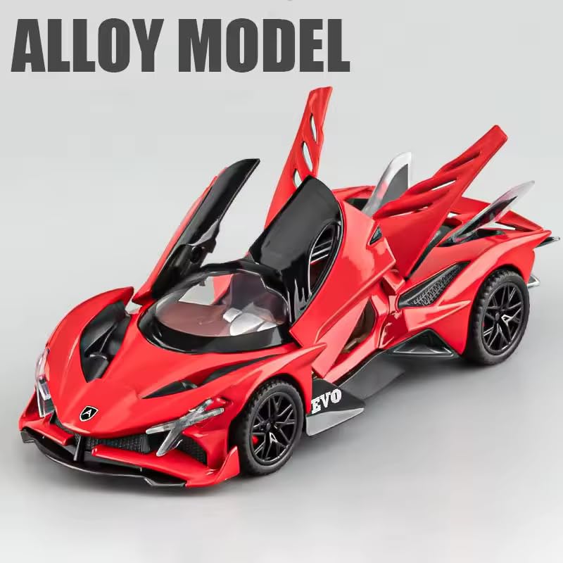 Image of Apollo Project Evo Toy Car Supercar - 1:32 Scale Die-Cast Alloy Model, Pull-Back with Openable Doors, Light & Sound, Gift for Kids & Collectors (Red)