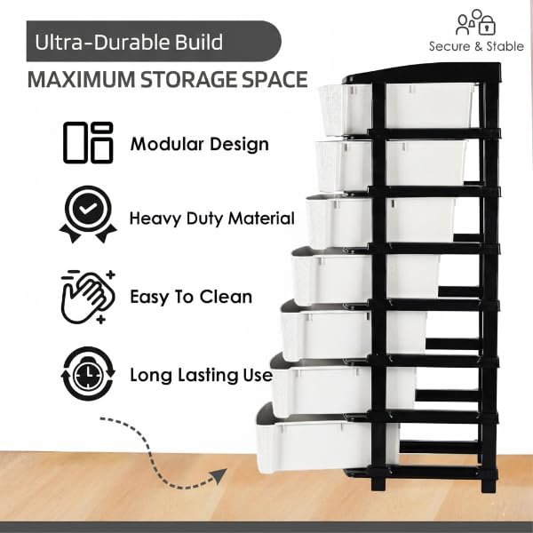 Image of KITCHIVO Plastic Modular Drawer Storage Chest Of Drawers Organizer Storage Box, Large Stomo Racks For Multipurpose Anti-slip Shoes Organizers (White & Black, 7 Layer)