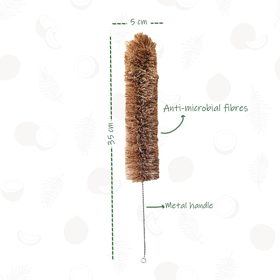 Almitra Sustainables Natural Kitchen Cleaning Brush (Set of 2).Long Bottle Cleaning Brush for Wide Mouth Bottles and Scrubber for Cleaning Vegetable & Fruits. Made of Coconut Coir Bristles. - Image 4 thumbnail