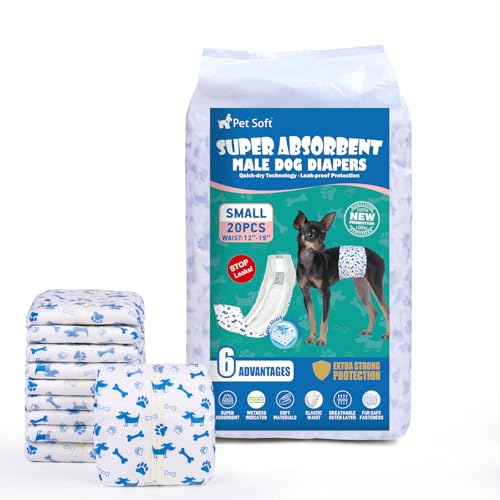 Pet Soft Pañales desechables para perros, 20 unidades, para perros macho, altamente absorbentes, con indicador de humedad y a prueba de fugas (S-20 unidades)