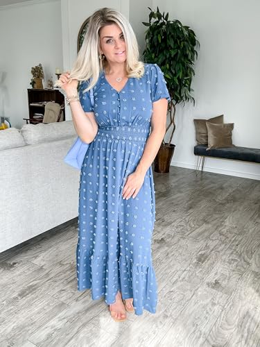 Image of Women Maxi Dresses Boho V Neck Swiss Dot Ruffle Summer Short Sleeve High Waist Tiered Flowy Smocked Cocktail Dresses