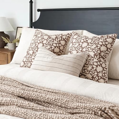 Image of Foindtower Set of 2 Decorative Neutral Floral Throw Pillow Covers Accent Farmhouse Cushion Covers Boho Vintage Pillowcase for Couch Sofa Bedroom Living Room Home Decor,24x24 Inch,Brown