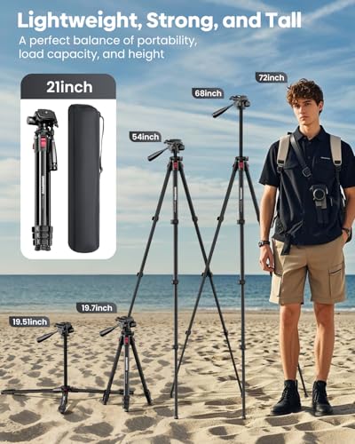 Image of CAMBOFOTO 68 Inch Video Tripod with Pan Handle for Camera Phone Camcorder | Smooth pan handle for filming sports games, shoots over crowds at 68 inches, phone clamp and quick release plate included