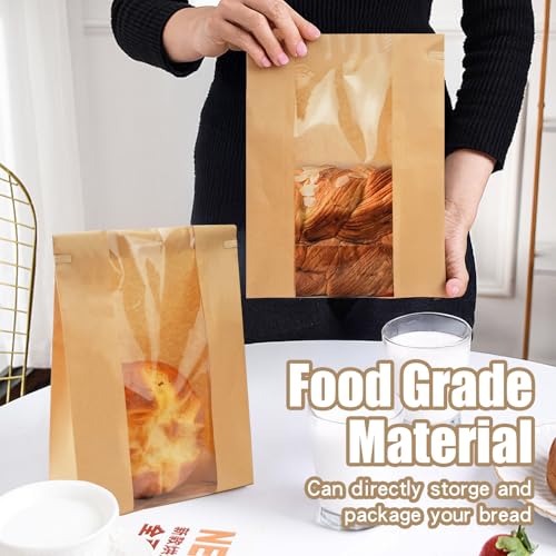 X-BLTU 100 Stück Braune Papiertüten Bäcker mit Klarem Fenster, 35 x 21 x 9 cm Kraft Brottüten Papier Groß mit 100 Stück Aufkleber, Brotpapiertüten für Laib, Hausgemachtes Brot, Sauerteig, Geschenke