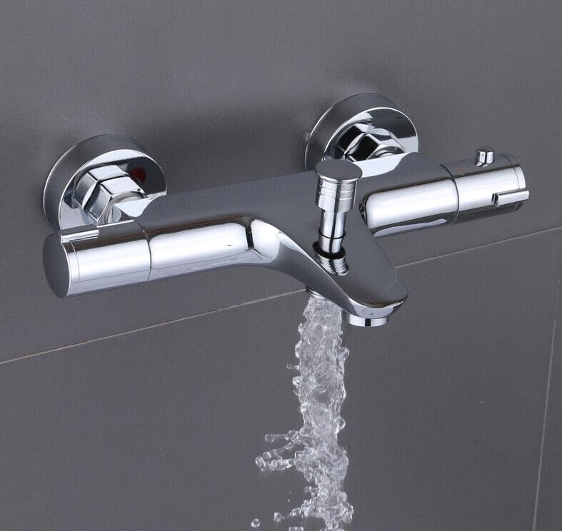 Grifo de bañera con termostato 20-50℃, mezclador de ducha de acero inoxidable con 2 salidas de agua, grifo de baño cromado, protección contra quemaduras con botón de seguridad de 38 °C