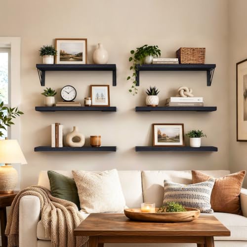 Image of BAYKA Wall Mounted Floating Bathroom Shelves, Black, 6-Set, Same Size | Wood Wall Shelf for Bathroom Essentials & Decor, Space-Saving Display & Organizer