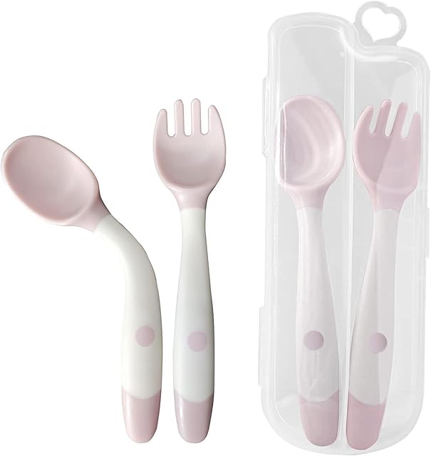Tomedeks 2pcs Infant Feeding Training Spoon and Fork Cutlery,Baby Utensils Spoon and Fork Set,Children Easy to Hold, Heat-Resistant and Flexible Learning Spoon and ForkPink)