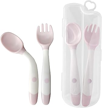 2pcs Infant Feeding Training Set, Baby Utensils with Easy to Hold, Heat-resistant and Flexible Learning Spoon and Fork Yellow, Pink