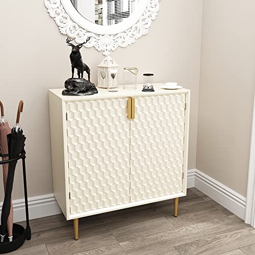 Hlr Hexagon Honeycomb Pattern Sideboard Cabinet With 2 Doors, Modern Kitchen Buffet Storage Cabinet With Gold Metal Legs For Living Room, Dining Room & Entryway, Ivory White #TOP2