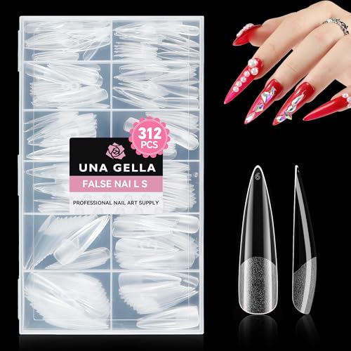 Image of UNA GELLA XXL Stiletto Nail Tips 312pcs Pre-Shape Extra Long Stiletto Nails | Pre Etched Full Cover No Need File Clear Fake Nails for Party DIY Art Salon 12 Sizes