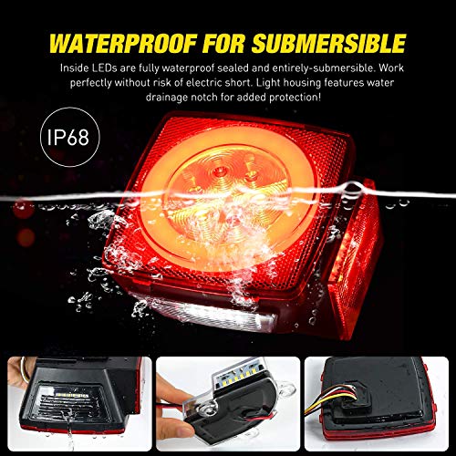 Image of Nilight 2PCS Square LED Trailer Light Kit with Halo Glow | Submersible stop turn tail, side marker, clearance and license lights for 12V trailer boat RV Camper Truck Snowmobile