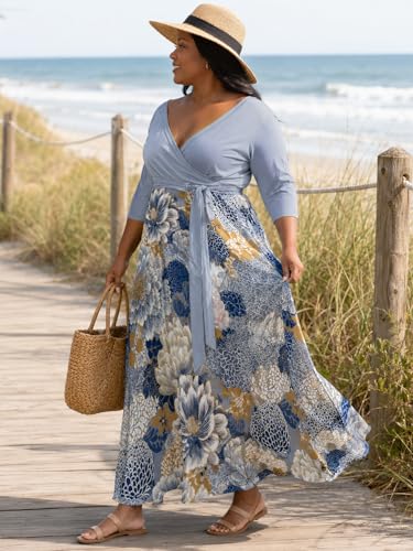 Image of SUZONANA Plus Size Maxi Dresses for Curcy Women Casual Loose 3 /4 Sleeve Long Dress with Belt
