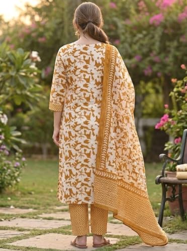 Image of Women's Cotton Printed A-Line Kurta Pant & Dupatta Set | Floral A Line Kurta with Pants | 3 Piece Ethnic Suit Set | Daily, Office & Casual Wear | Co-Ord Set