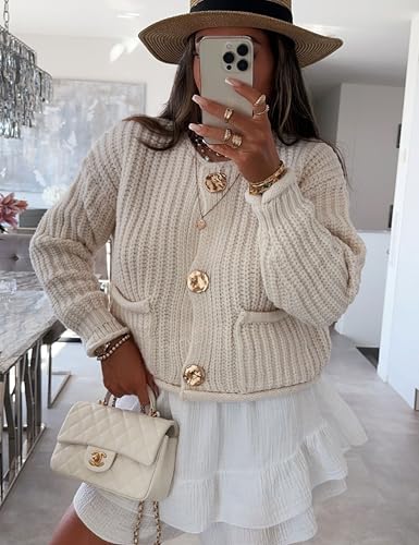 Image of Megfie Cardigan Sweaters for Women Sweaters Womens Knit Cardigan Long Sleeve Open Front Button Down Jacket with Pockets(0815-Beige-M), Medium