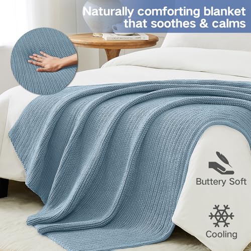 Guohaoi Knitted Weighted Blanket for Adults (Haze Blue 60"x80" 15lbs) No Beads Cooling Throw Blanket for Hot Sleepers, Home Decor Breathable Chunky Knit Heavy Blanket Use on Queen/King Size Bed