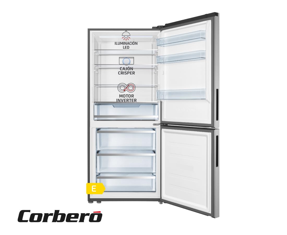 Corberó - Frigorífico Combi | CCT1857024NFXINV | No Frost | Inverter | 417 L | 185x70cm | Display Puerta | Cajón Crisper | Purificador | Luz LED | Inox