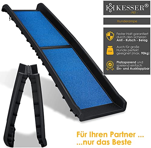 KESSER® Hunderampe klappbar Hundetreppe Hundeautorampe Auto Kofferraumrampe für Haustiere Einstiegshilfe für Kofferraum, bis 90 kg, 156x40cm, leicht Stabil, rutschfest Hunde-Treppe, Blau