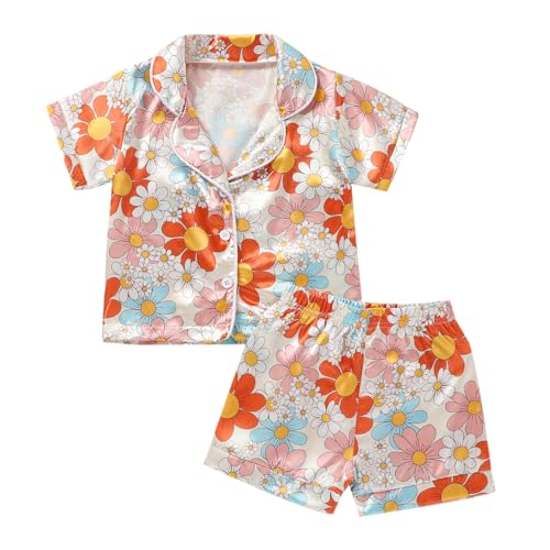 Image of Toddler Baby Kids Satin Summer Pajamas Set Short Sleeve Button-Down Pajamas Top Pants 2Pcs Loungwear Sleepwear Pjs