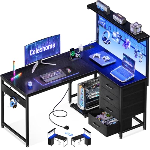Coleshome L Shaped Gaming Desk with Drawers & Shelf, 110 × 80 cm Reversible Corner Computer Desk with LED Lights & Power Outlets, Gaming Table with Hook, Black