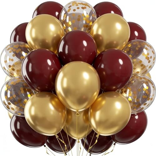 UDRKFOPK Ballons Rouge et Or,60 Pièces Ballons Anniversaire Rétro Rouge,12 Pouces Ballon Fete Latex Hélium Ballons Bordeaux Or pour Mariage Fiançailles...