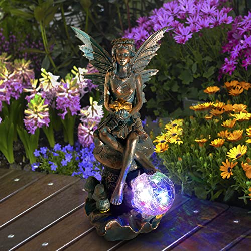 Mibung 12.2 Inch Large Fairy Angel Garden Statue Outdoor With Solar Lights, Resin Vintage Bronze Fairy Elf Girl Sculpture Art For Patio Lawn Yard Porch Home Decor, Halloween Christmas Ornament Gift #TOP5